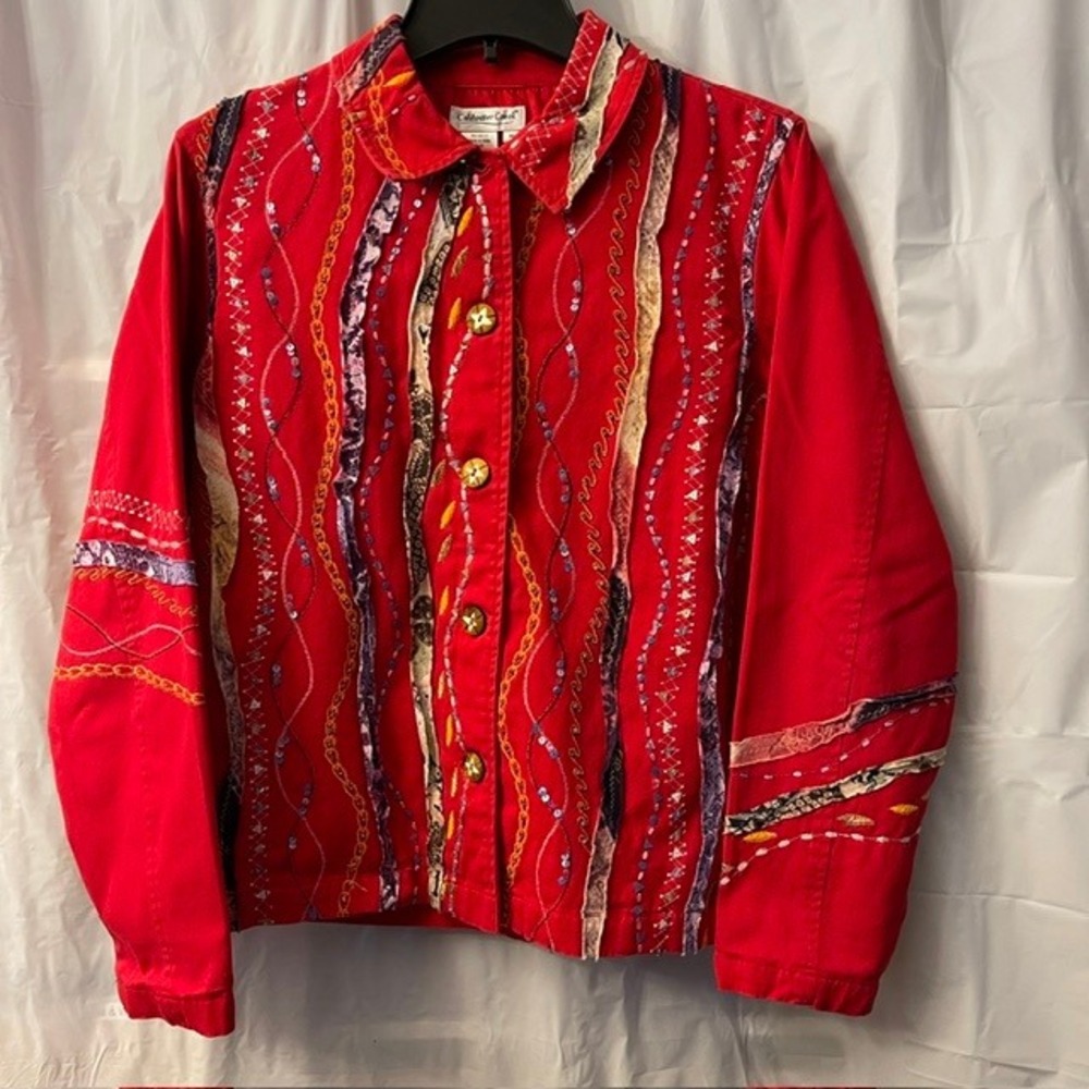 Vintage Coldwater Creek Red Embellished Jacket Art to Wear Mixed Media Boho M